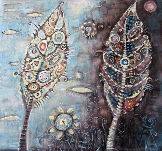 Art abstract painted landscape in bleak, brown, orange and grey tones with objects in the form of leaves